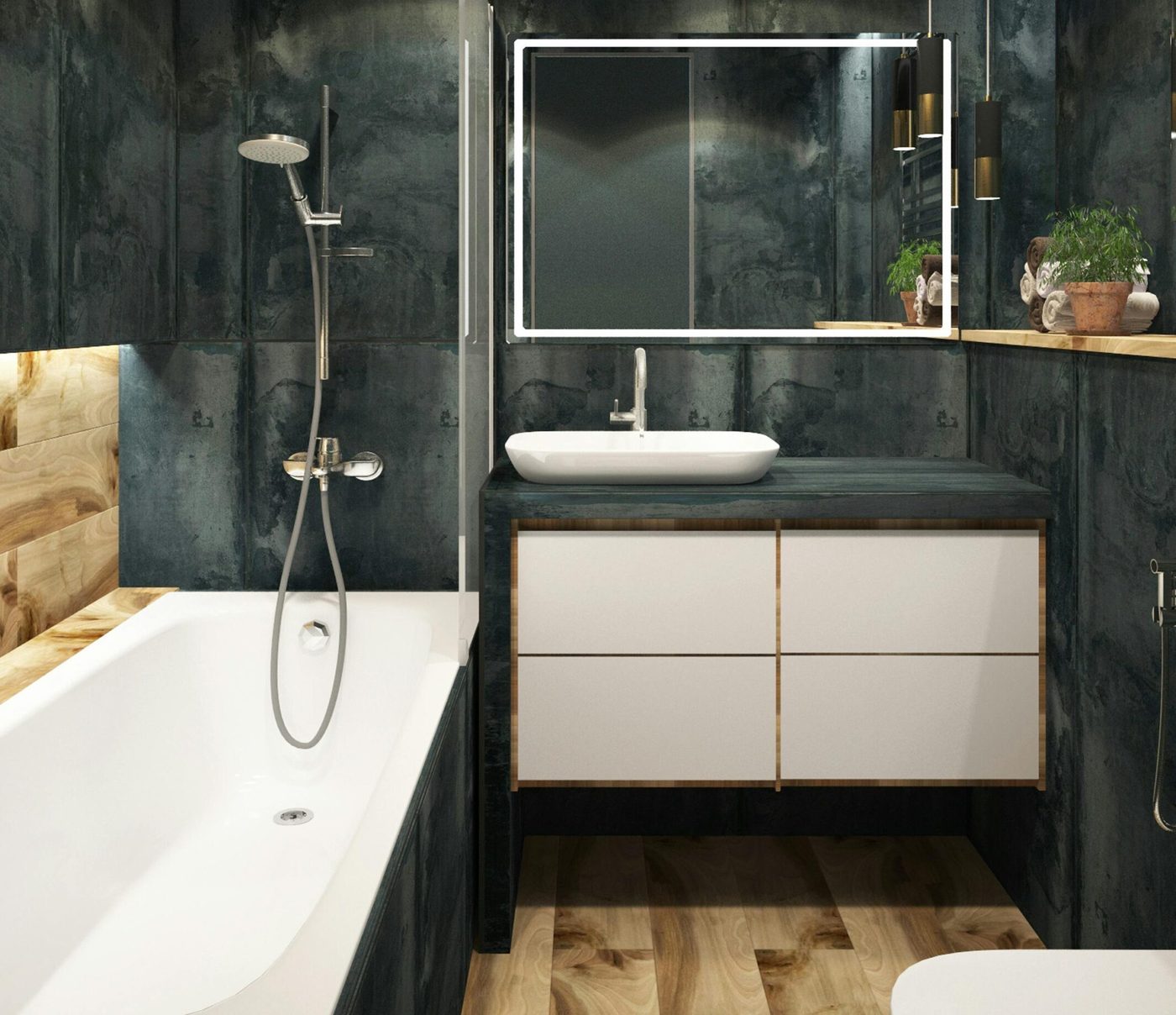 Dramatic bathroom with dark marble-look tile