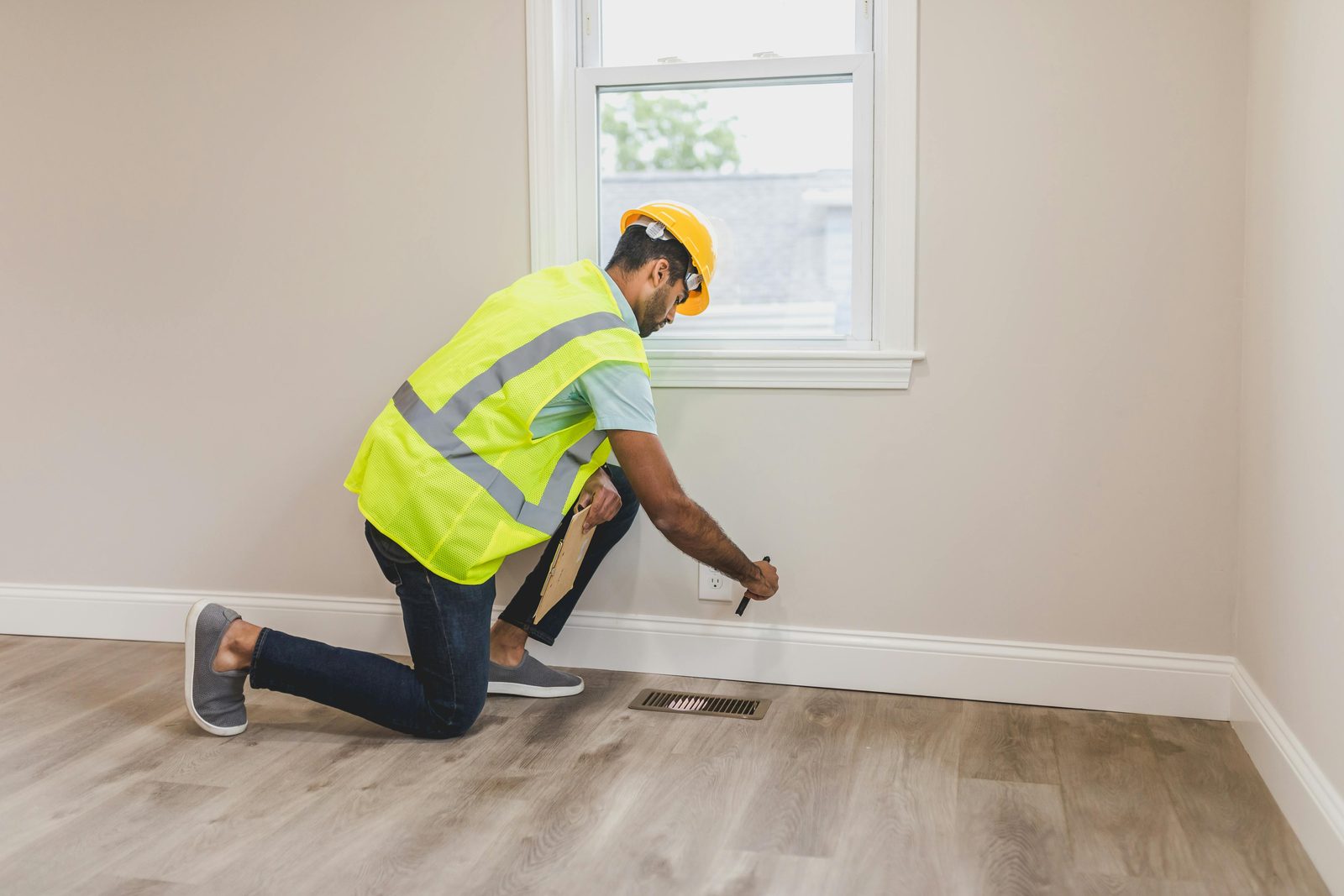 A Great Floors installer fitting baseboard over new flooring