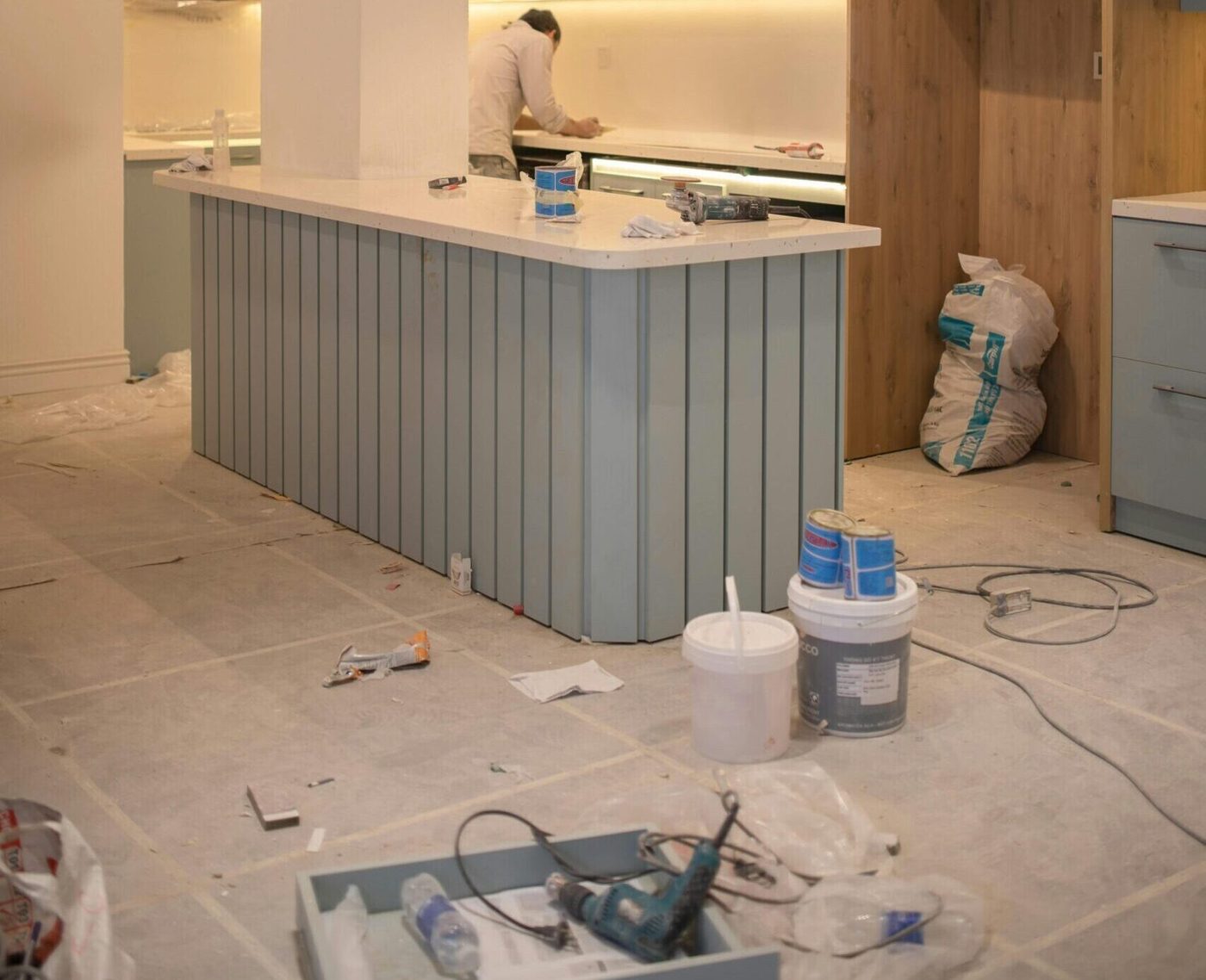 A kitchen island under construction during a remodel