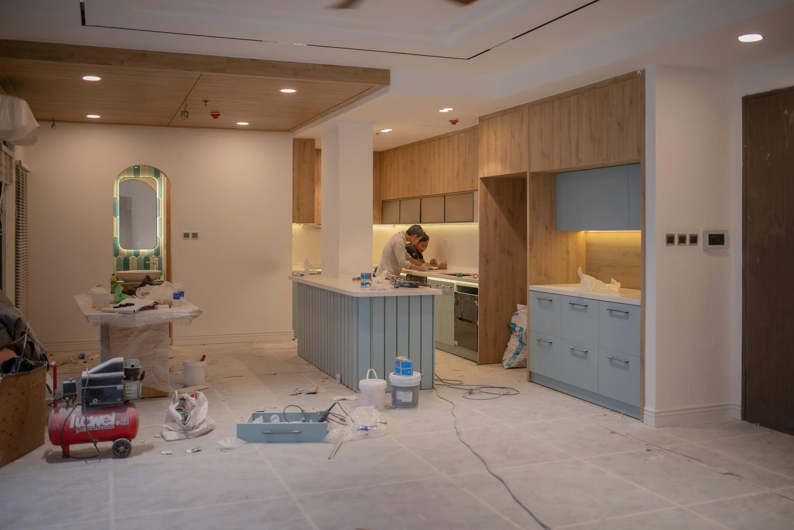 A kitchen remodel in progress with new cabinets