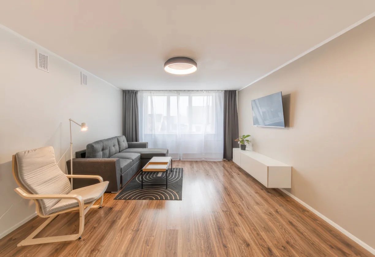 Modern living room with wide-plank hardwood floors