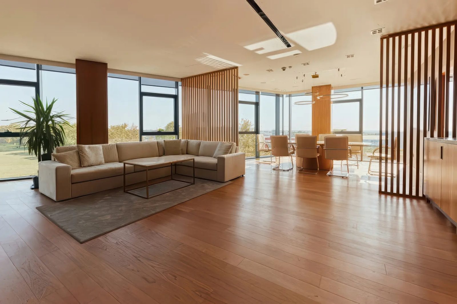 Sunlit living room with hardwood flooring