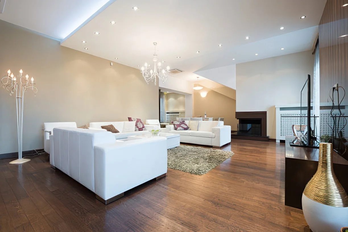 Bright open-plan space with polished floors